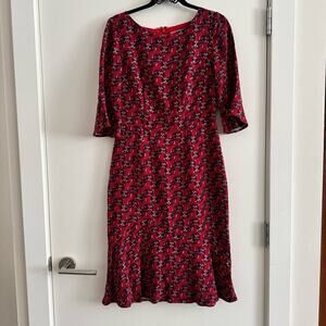 Boden Red Blue Floral Print Flounce Hem 3/4 Sleeve Midi Dress Women's size 6